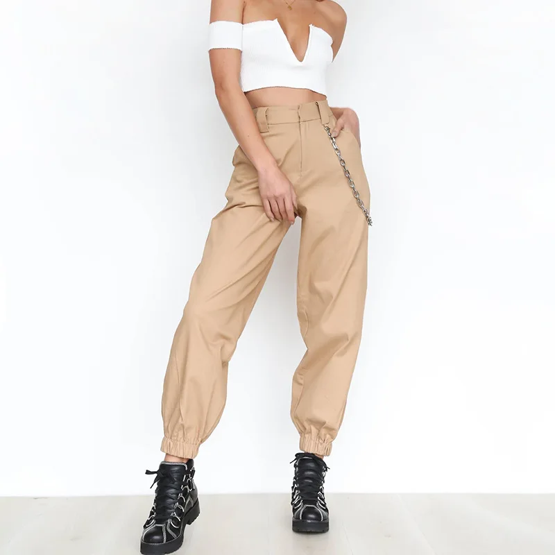 Качественные улучшенные штаны-шаровары из хлопчатобумажной ткани для женщин, свободные длинные штаны с карманами-цепочками, женские брюки, брюки цвета хаки, B80992 - Цвет: Khaki pants
