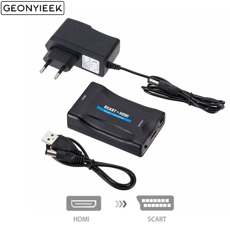 

1080P SCART To HDMI Converter Video Audio Upscale Signal Adapter Converters With Charging Adapter Cable for Sky Box DVD STB