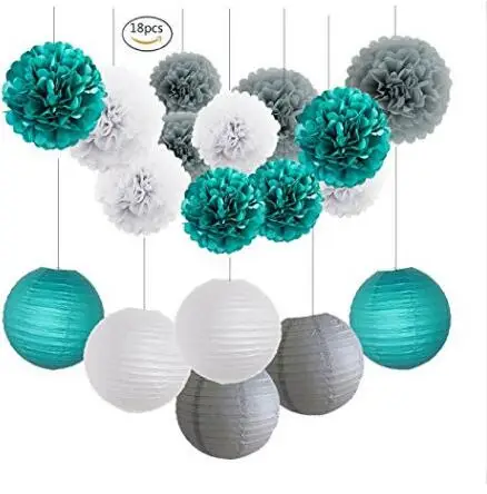

18 pcs White Teal Grey Tissue Paper Pom Pom Paper Lanterns Wedding Decor Mermaid Party Supplies Baby Shower Birthday Party Decor