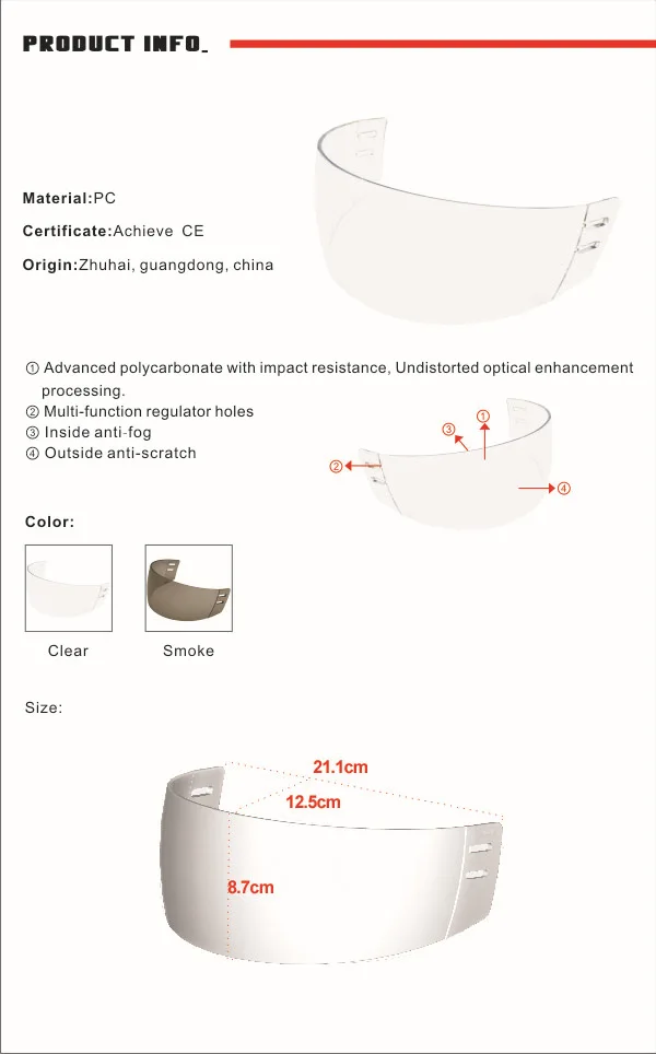 Прозрачный наружный Анти-Царапины внутри анти-туман хоккейный шлем для козырька CE утвержден