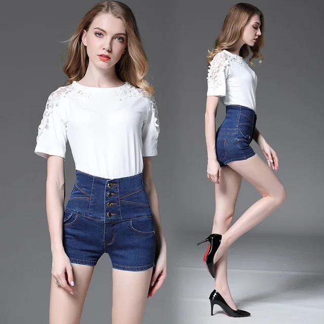 

European and American style ladies extra large high waist denim shorts buckled elastic slim black straight