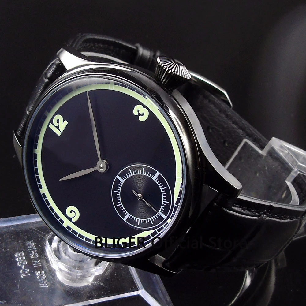 

44MM Black Sterile Large Face Men's Watch Black PVD Case Pilot Watch Genuine Leather Strap 17 Jewels 6498 Hand-Winding Movement