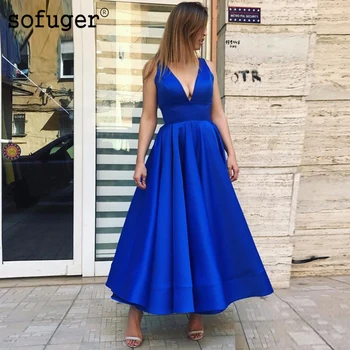 

Royal Blue Sexy V Neck Tea Length Special Occasion Dress Pleat Muslim Arabic Evening Dresses Prom Party Dresses Robe De Soiree