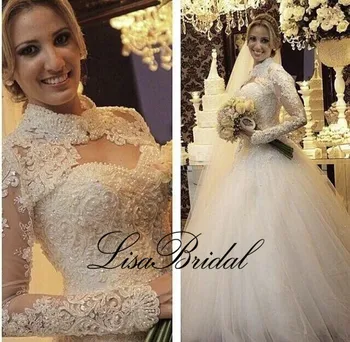 

New Design Elegant Long Wedding Dress 2016 High Neck Long Sleeves Pearls Lace Tulle Chapel Train Ball Gown Vestidos de novia