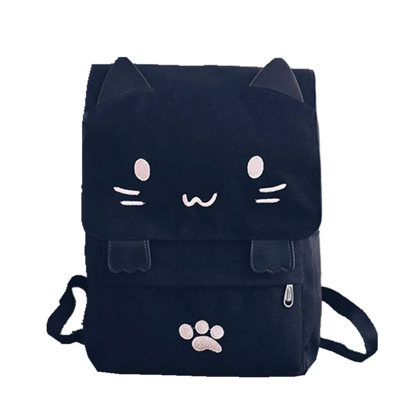 Cute Cat Canvas Backpack for Girls Cartoon Anime Embroidery School Bag