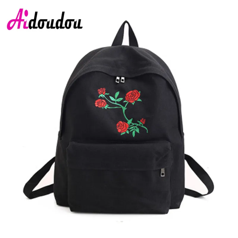 

Harajuku Backpack rose embroidery backpack Women Travel Back pack Canvas Students Canvas Shoulder Bag flower embroidery