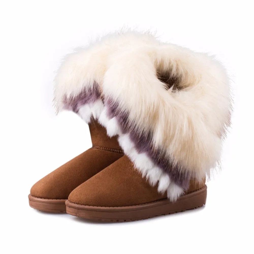 

Luxury Women Winter Fashion Snow Boots Medium Imitation Fox-hair Cotton Boots Anti-skid Rubber Sole Warm Female Boots Hot Sale