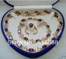 

Free shipping@@18K GP Amethyst Earring Bracelet Necklace Ring Set +box