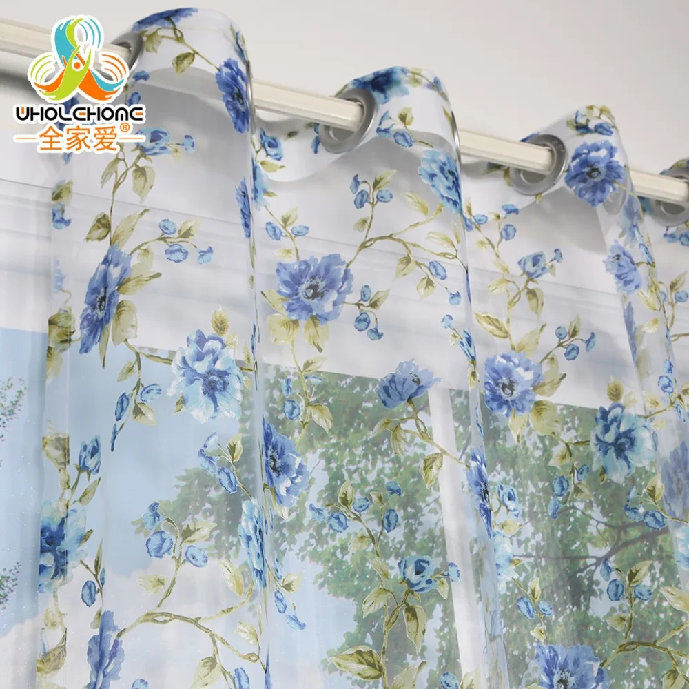 

Window Curtain Blue Flowers Transparent Sheer Voile Fabric For Home Living Room Screening 1PCS/Lot