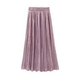 2018 летние женские длинные юбки Винтаж Высокая Талия плиссированная юбка новая мода металлик Цвет юбка женский