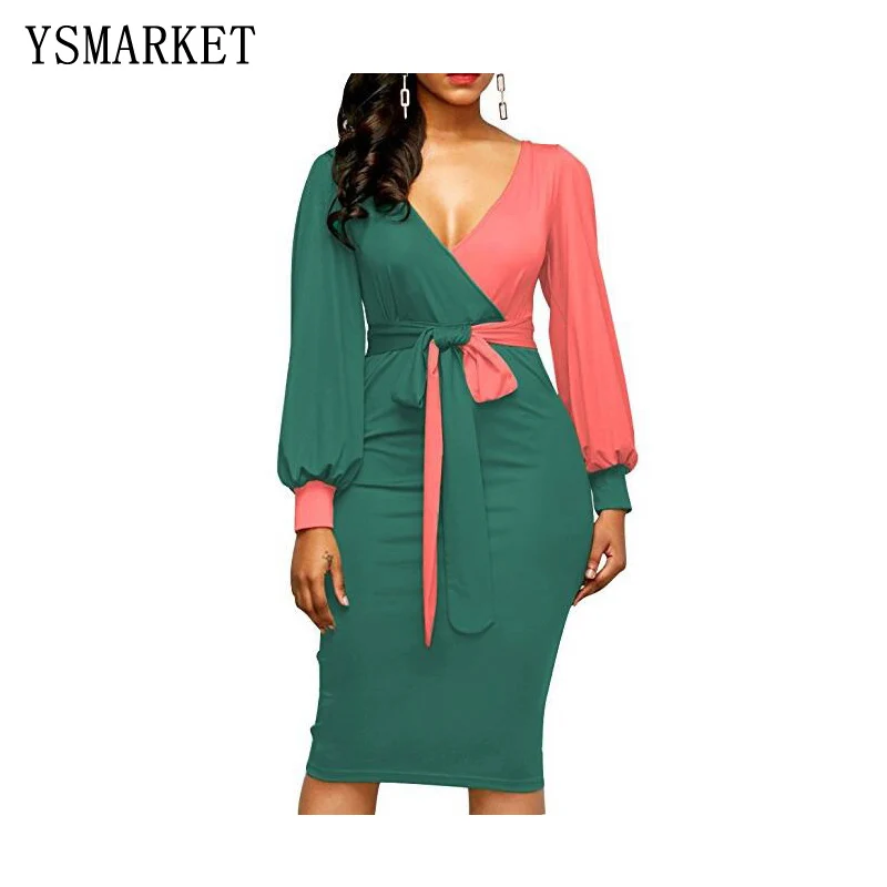 

Women Spring Autumn Knee Length Dress Sexy Long Lantern Sleeve V-neck Patchwork Contrast Color Lace-up With Belt Dress A8215