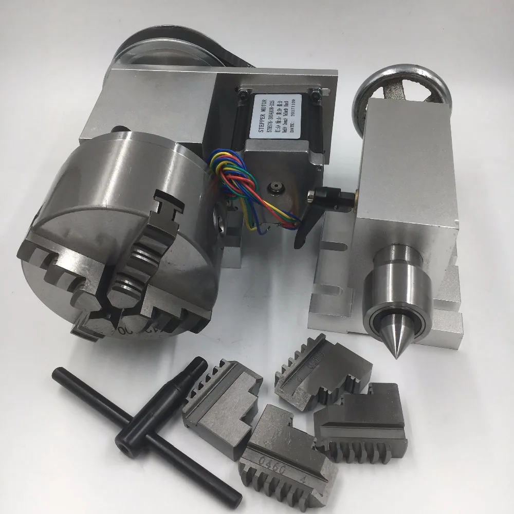 

MT2 Morse taper NO.2 Tailstock Rotary 4th Axis Nema23 Stepper Motor 4-Jaw 100mm Lathe Chuck Rotational A Axis for CNC Router