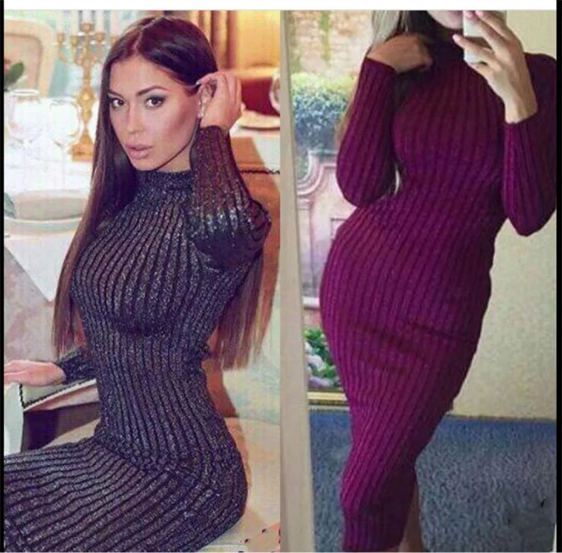Women Sweater Dress 2017 Fall Winter Long Sleeve O Neck Sexy Bodycon Dress Elastic Striped Skinny Knitted Dresses Robe Vestidos01