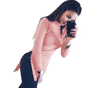 

Fashion New Women Sweater Long Sleeve Sexy Slim Knitted Sweaters Splits Shirt Knitwear Turtleneck Ladies Sweater Pullover Thin