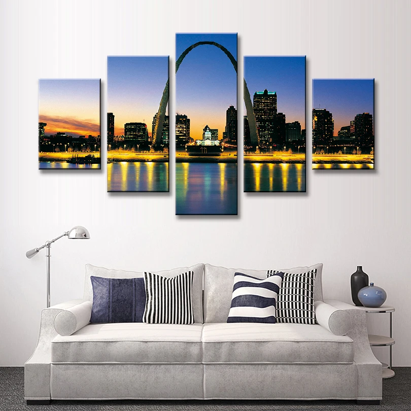 

5 Pcs/Set Landscape American City Painting Printed On Canvas Famous Sunset of St. Louis Arch Wall Art Home Decor Painting