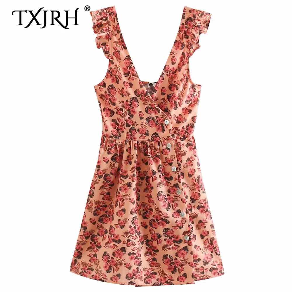

TXJRH Sexy Tropical Floral Print Mini Dress Backless Trendy Women A-Line Cross Deep V-Neck Ruffles Single-breasted Short Dress