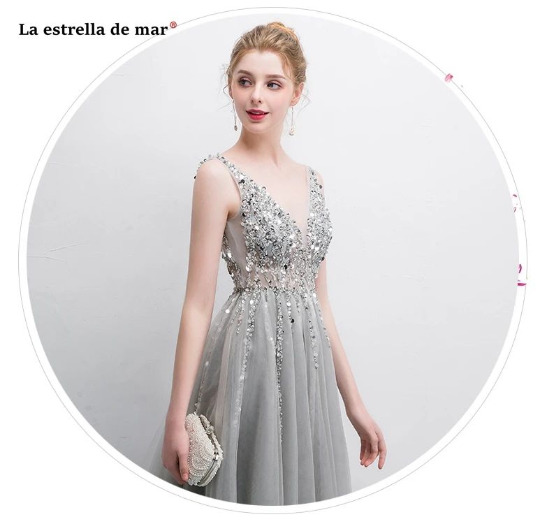 Vestido formatura longo de noite2019 новые тюлевые пикантные платья с v-образным вырезом, серебристые платья для выпускного вечера, вечерние платья со