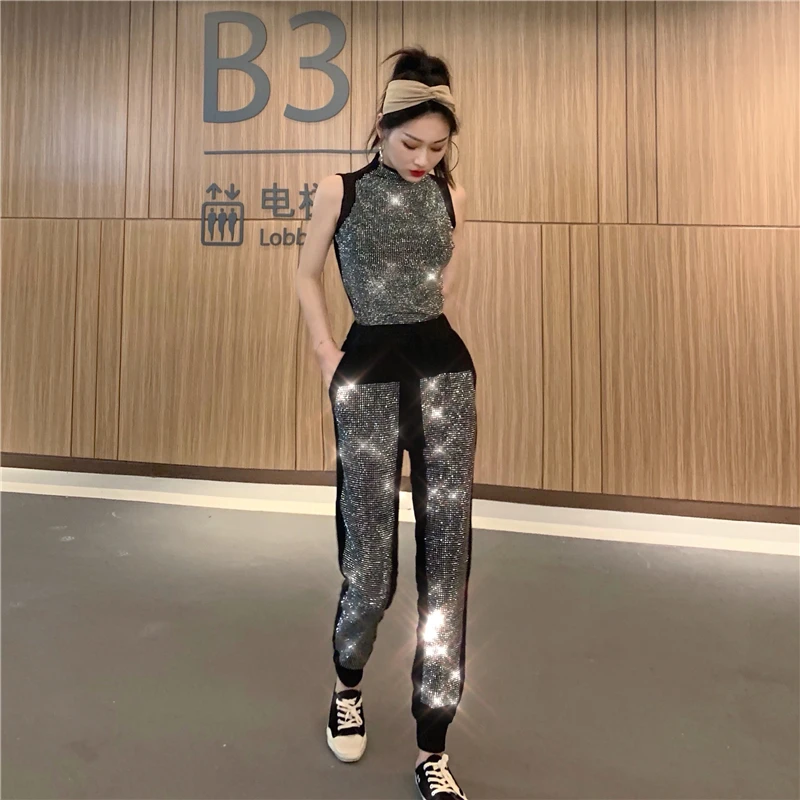 

2019 Summer sequins top and bling bling pants suit Hip Hop Heap Casual Girls Glitter Bright Long Trousers