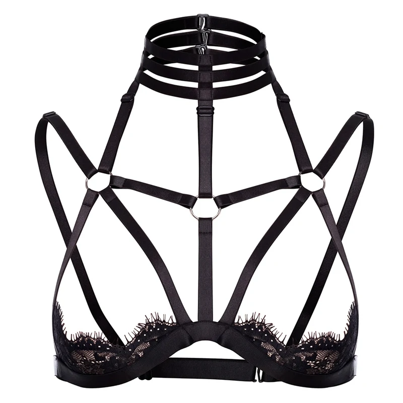 Womens Sexy Sheer Lace Caged Bra Bondage Lingerie Elastic Adjust Back Tops Body Harness Goth Fetish Burlesque Garter Belt