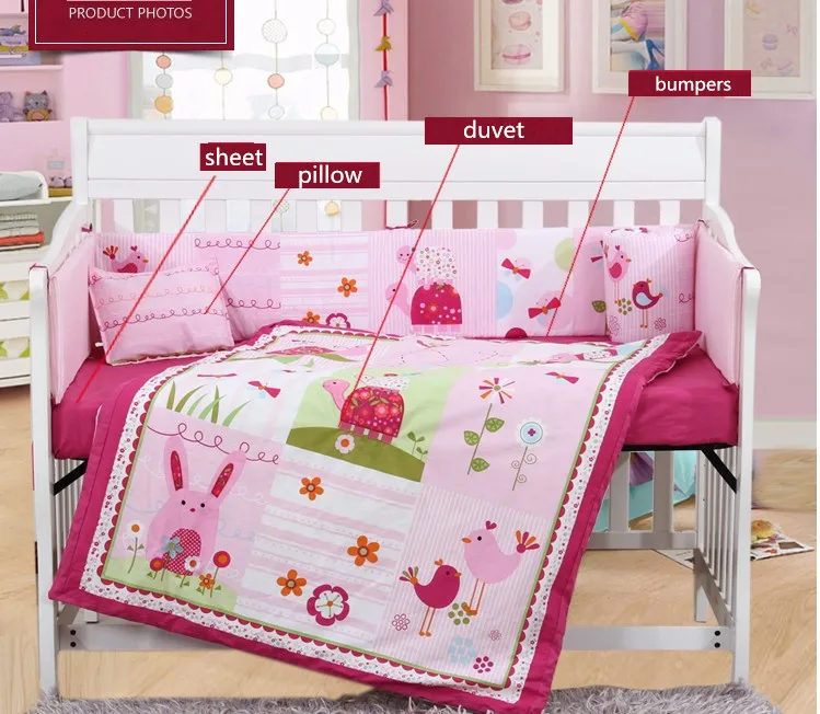 

4PCS embroidered Crib Bedding set cartoon Printing bedclothes Baby children kids bed linen ,include(bumper+duvet+sheet+pillow)