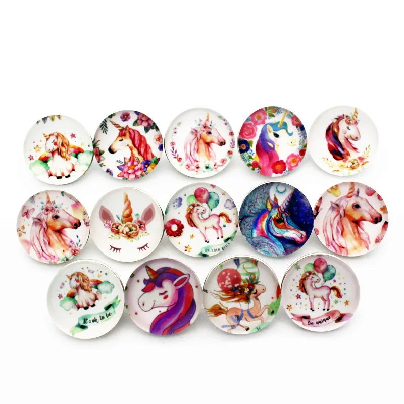 

New Arrived 50pcs/lot Cartoon Unicorn Glass Snap Buttons Charms Fit 18mm Ginger DIY Snap Bracelet Replaceable Button Jewelry