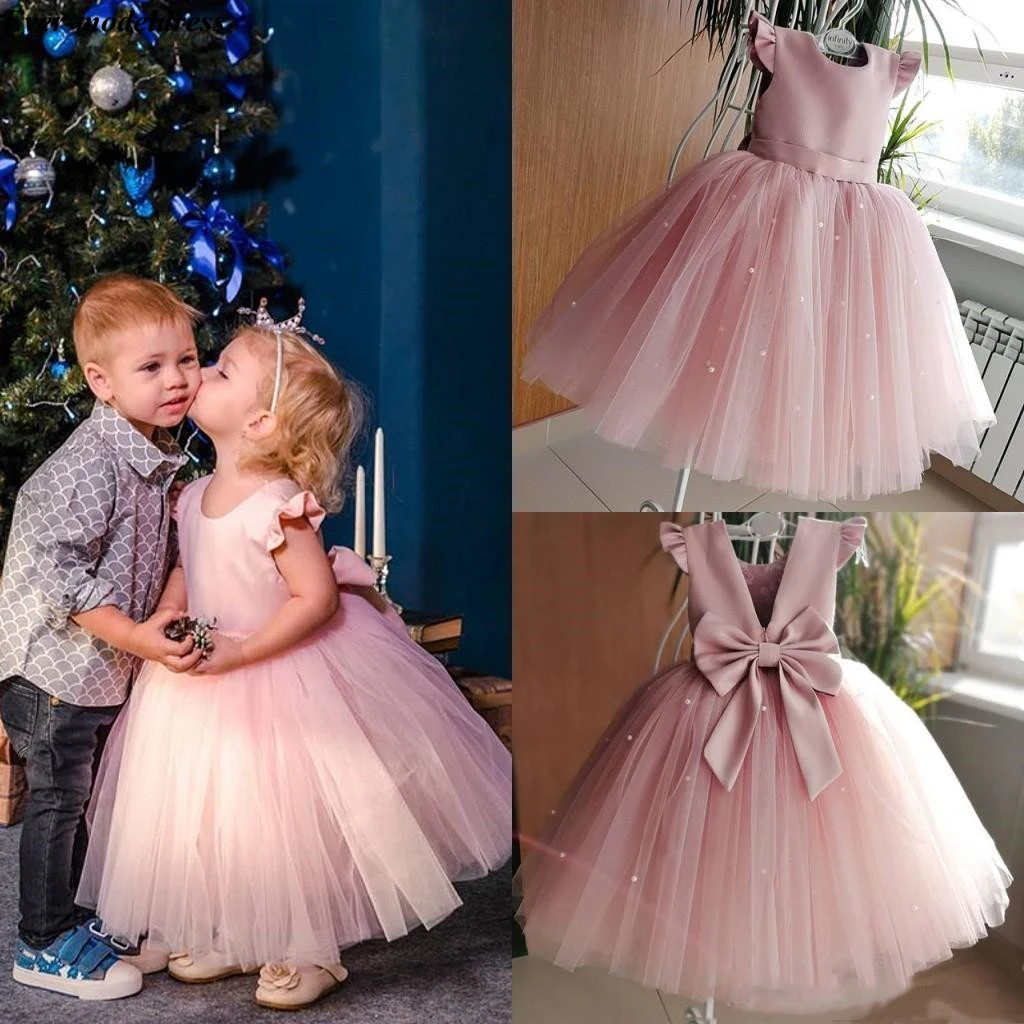 

2019 Lovely Pink Flower Girl Dresses For Wedding Ball Gowns With Bow Pearls Floor Length O-Neck First Communion Pageant Gowns