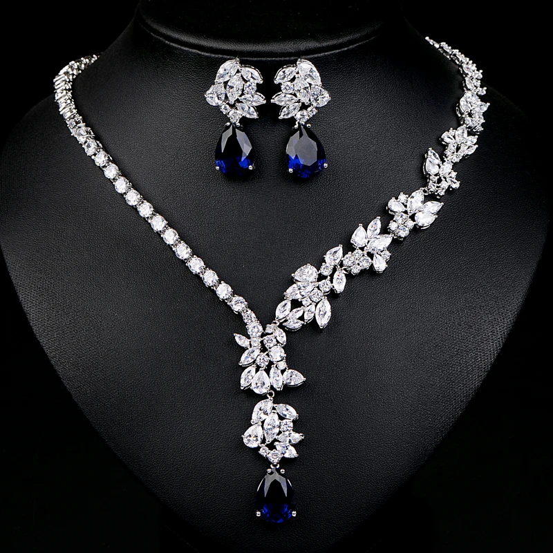 

UILZ Luxury Sliver Color Green & Blue Flower Jewelry Sets For Women Wedding with Water Drop AAA Cubic Zircon JMSP005