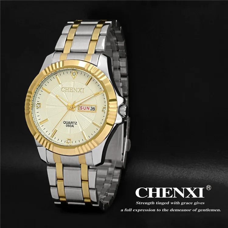 Золотые часы CHENXI календарь Мужские Роскошные Бизнес Мужские часы золотые водонепроницаемые Модные Повседневные кварцевые мужские часы подарок