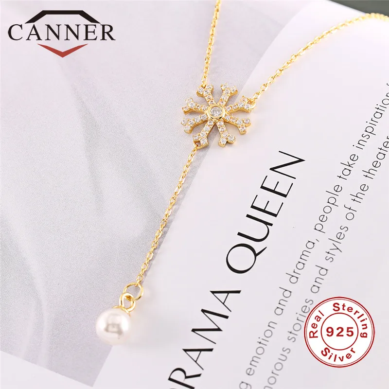 CANNER S925 Sterling Silver Imitation Pearls Snowflake Pendant Necklace Romantic Elegant Women Zircon Choker TH