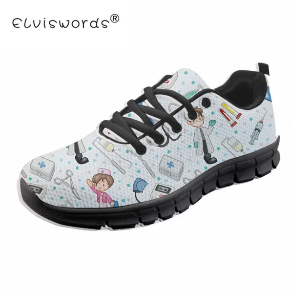 

ELVISWORDS Cartoon Black Sole Women Flats Shoes 3D Nurse Mesh Flat Leisure Lace Up Sneakers Adult Walking Shoes Chaussures Femme