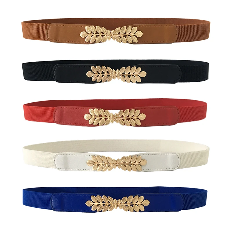 High elasticity fabric belts for women dresses gold Leaves metal buckle belts female belts women fashion 2019 hot elastic belts black corset belt