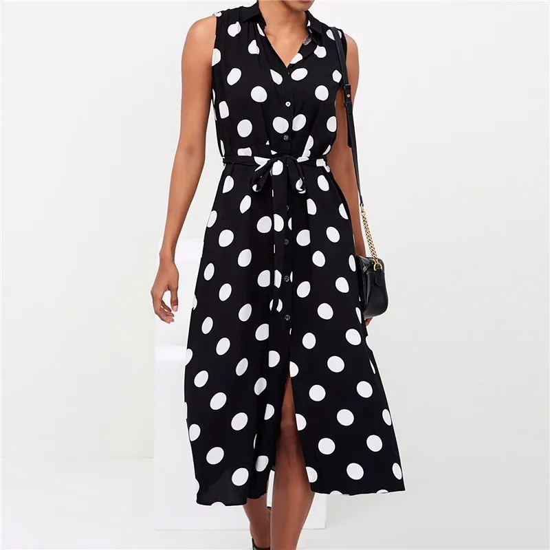 

GUMPRUN Summer Dress 2019 Women High Waist Sleeveless Dot Print chiffon Dresses Button Belt Plus Size Club Casual Dress Vestidos