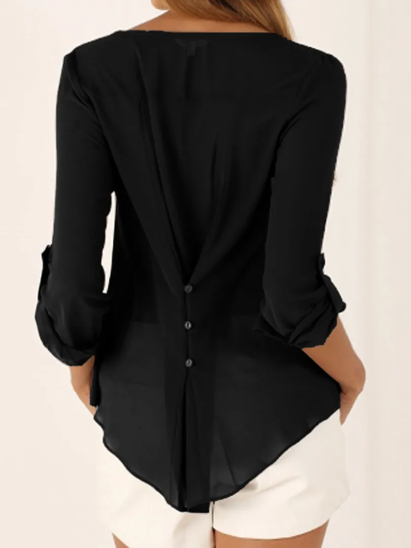 Feminina com Decote em v Camisa para Mulheres Blusa Profundo Botões Manga Comprida Chiffon Cor Sólida Preta Casual Blusas S-5xl 10 S-5XL blusa feminina com decote em v