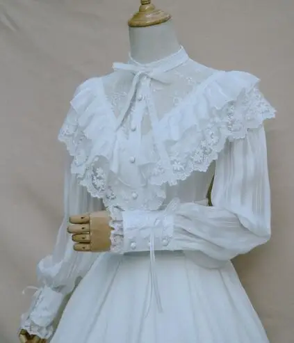 

Royal Vintage Illusion Neck Women's Chiffon Blouse Gothic Sheer Long Lantern Sleeve Blouse with Ruffles