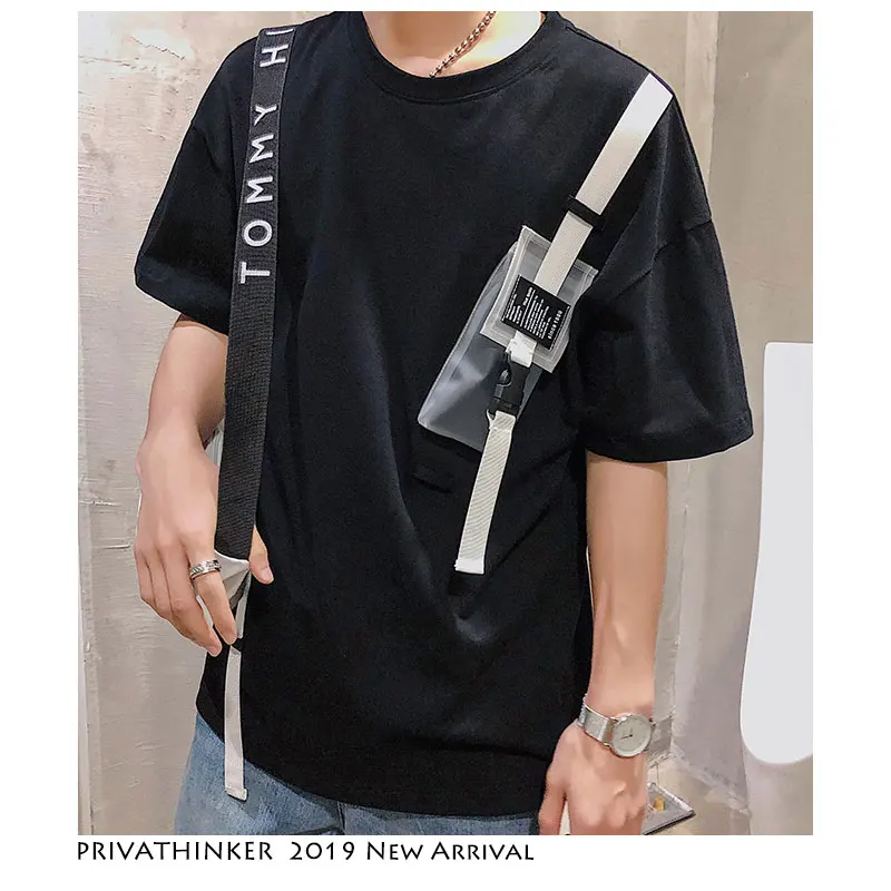 Privathinker уличная футболка с карманами и лентами Летняя мужская забавная Harajuku Дизайнерская футболка с длинными рукавами Мужская черная футболка размера плюс зеленая