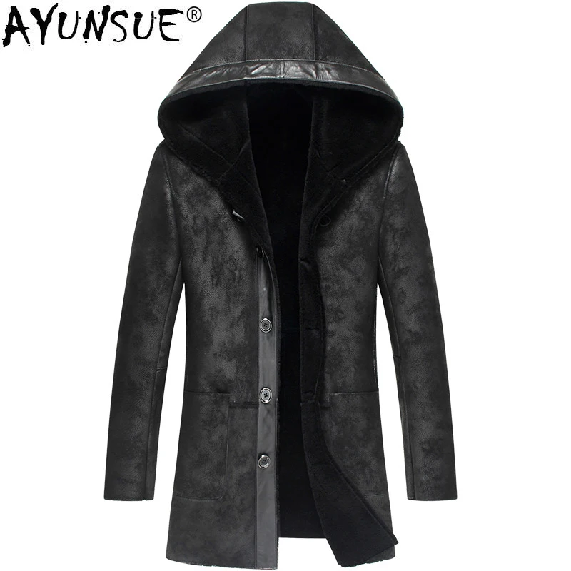 

AYUNSUE Sheepskin Genuine Leather Jacket Men Autumn Winter Mens Shearling Jacket Real Fur Coat Hooded Outwear LSY070278 KJ1281