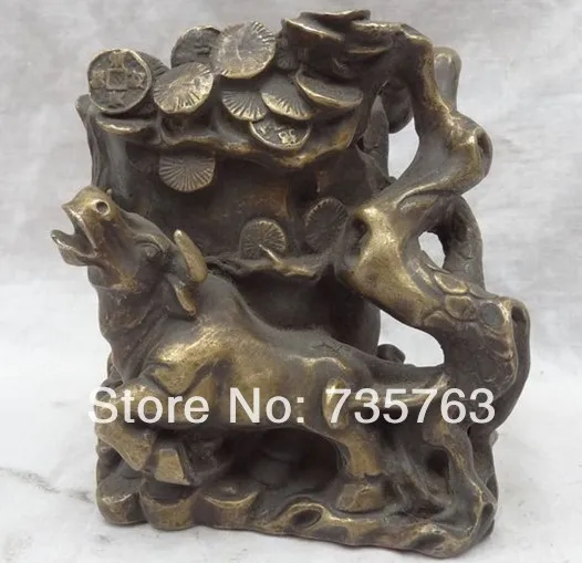 

xiuli 00514 China Bronze Old Literator RuYi Bull Ox Tree Statue Pencil Vase Brush Barrel