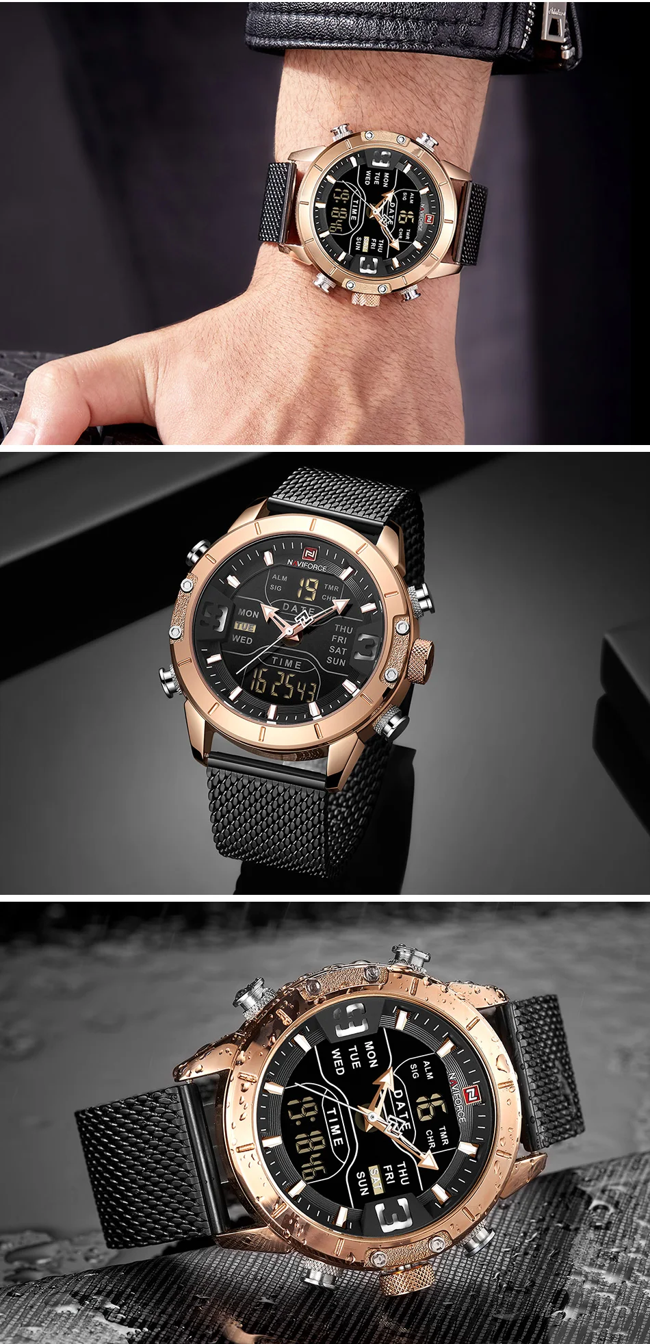 NAVIFORCE, мужские часы, Лидирующий бренд, роскошные спортивные часы, светодиодный, военный, водонепроницаемый, стальной ремешок, наручные часы для подарка, relogio masculino 9153