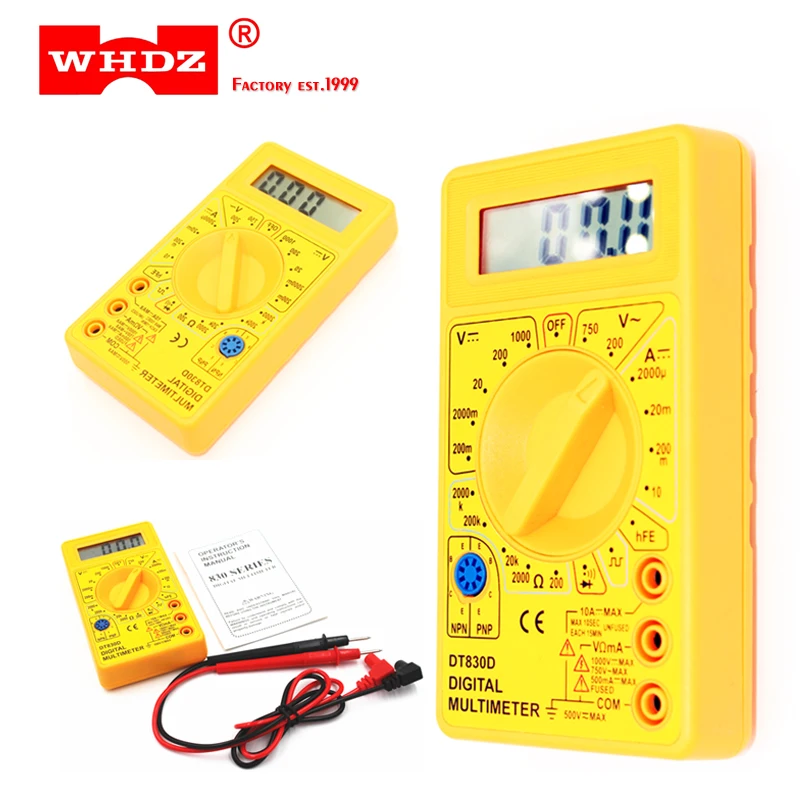 

WHDZ DT 830D Mini Digital Multimeter with Buzzer Overload protection Voltage Ampere Ohm Meter Test Probe DC AC LCD Yellow