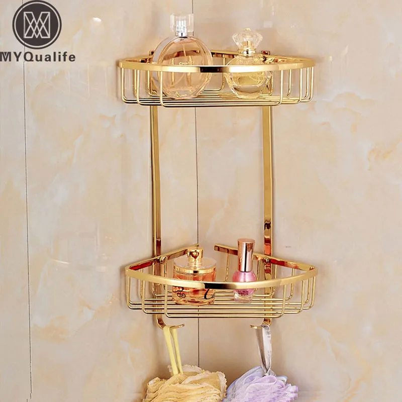 

Free Shipping Golden Bathroom Kitchen Storage Wall Mounted Double Corner Cosmetics Holder Basket