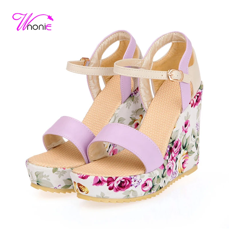 

2017 Shoes Women Sandals High Heel Wedge Platform Peep Toe Sandals PU Leather Flower Sexy Dress Party Summer Purple Ladies Shoes