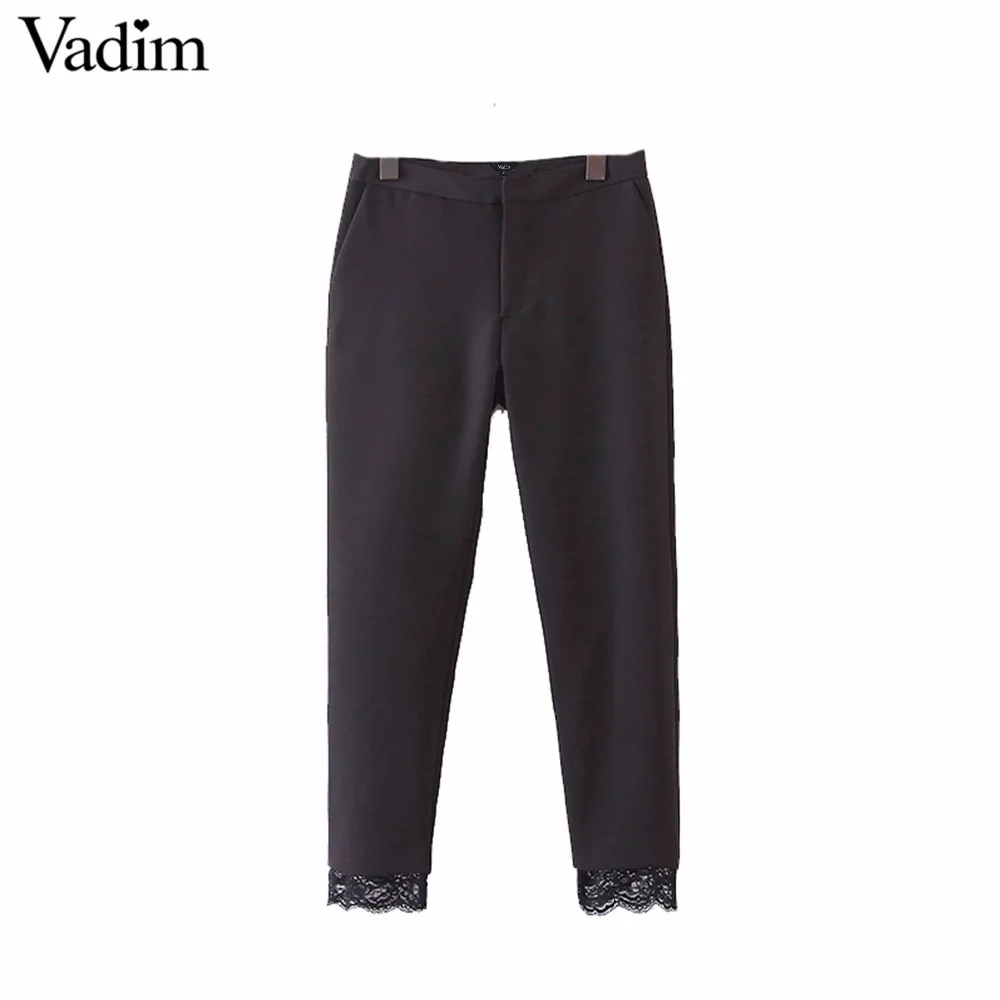 Vadim women sweet lace patchwork black pants pockets office lady work