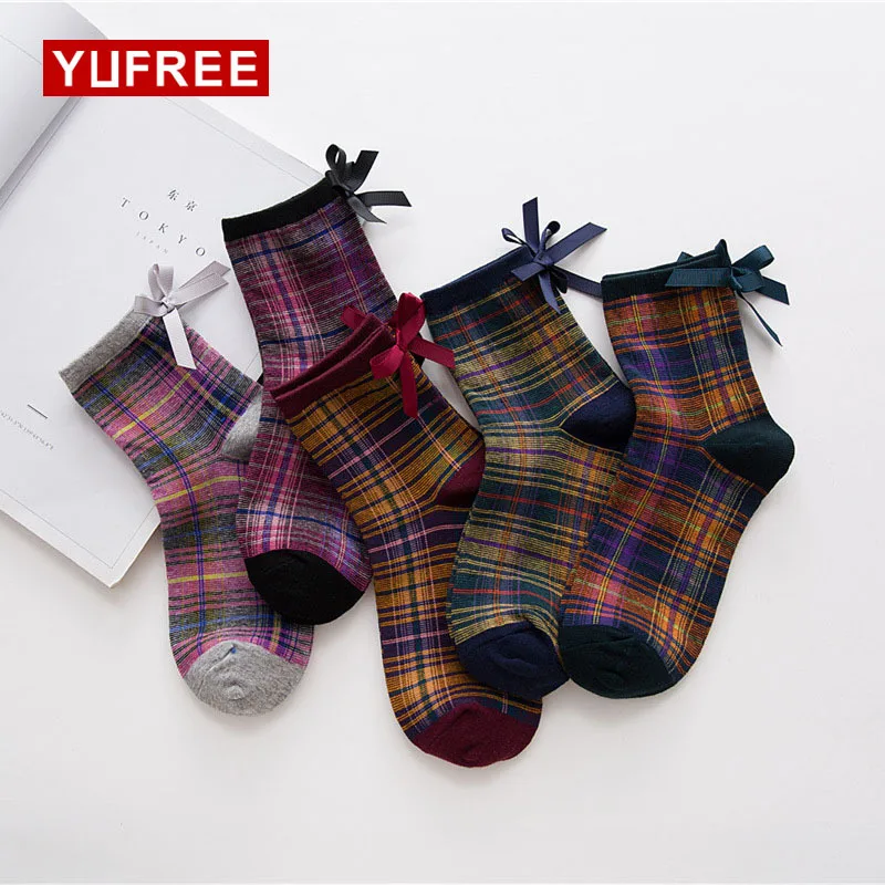 Japan Style Women Cotton Street Style Socks Bow Plaid Breathable
