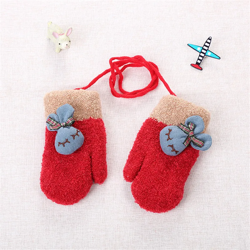 1 Pair Cute Cartoon Little Rabbit Thicken Warm Cotton Infant Baby Boys Girls Winter Warm Solid With Sling Full Finger Mittens Kids (7)