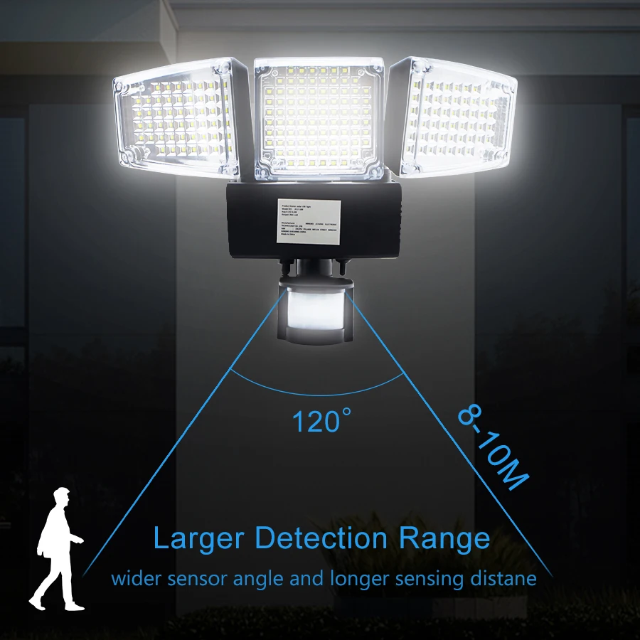1000LM 188 светодиодный светильник на солнечной батарее, с датчиком движения, Лампа безопасности, водонепроницаемый, с тремя головками, уличный светильник для прихожей, патио, двора, сада