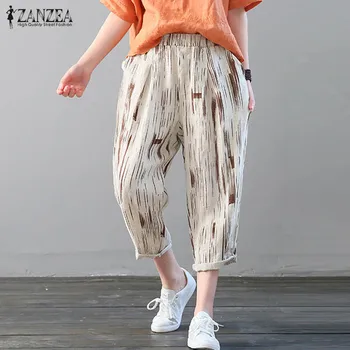 

ZANZEA 2020 Gradient Striped Trousers Women's Summer Pants Fashion Casual Elastic Waist Cropped Trouser Female Linen Pantalon