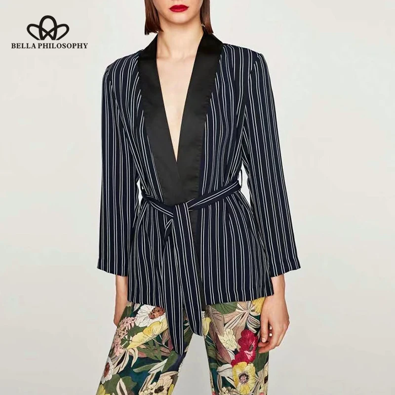 Женское пальто Bella Philosophy розовое с длинными рукавами и полосками Осень зима 2017|coat