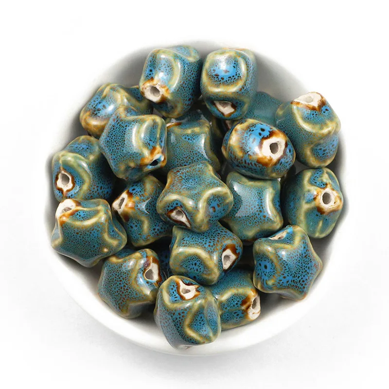 JHNBY, 10 шт, керамические бусины с пятиконечной звездой, 16 мм, круглые фарфоровые бусины для ювелирных изделий, браслетов, Кулонов, рукоделия - Цвет: Синий