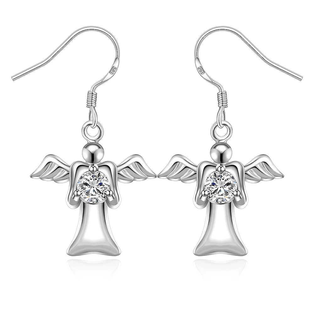 

Beautiful Angel Earring Silver Plated Jewelry Inlaid Zircon Angel Wing Hook Earring Printing Best Friend Birthday Gift Wholesale