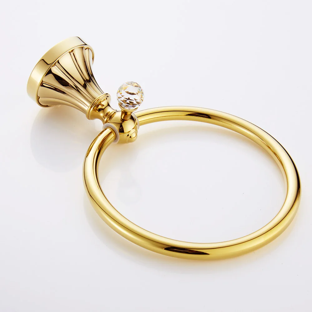 Gold Flower Carved Towel Rings with Crystal Copper Towel Holder Antique